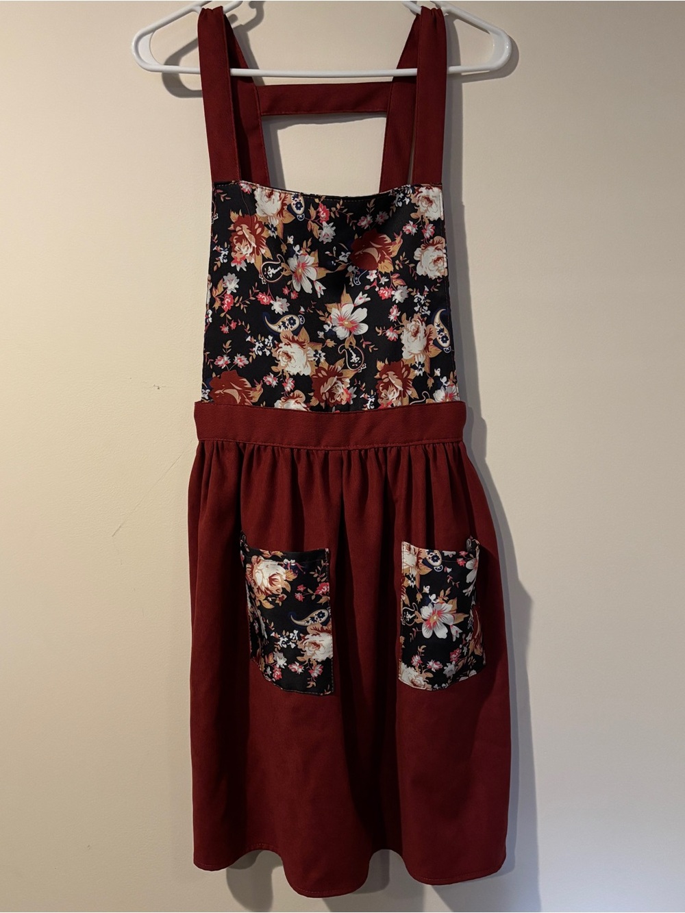 Floral Apron Panel Burgundy Pinafore Dress